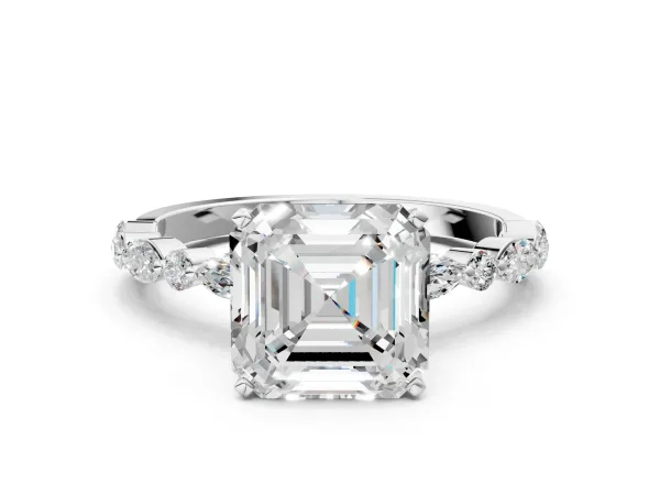 Asscher Cut Diamond Ring with Marquise and Round Moissanite Side Stones and Four-Prong Setting Platinum