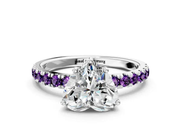Heart Cut Diamond Pave Band Solitaire Ring with Round Amethyst and Prong Setting Platinum