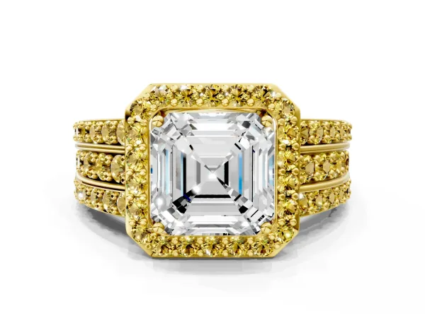 Asscher Cut Halo Diamond Ring with Round Yellow Sapphire Split Shank and Prong Setting Yellow gold