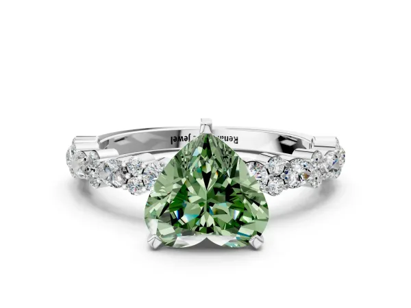 Fancy Green Heart Cut Diamond Side Stone Solitaire Ring with Round and Four-Prong Setting Platinum