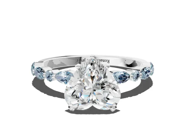 Heart Cut Diamond Ring with Marquise and Round Aquamarine Side Stones and Four-Prong Setting Platinum