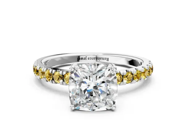 Cushion Cut Diamond Pave Band Solitaire Ring with Round Yellow Sapphire and Prong Setting Platinum