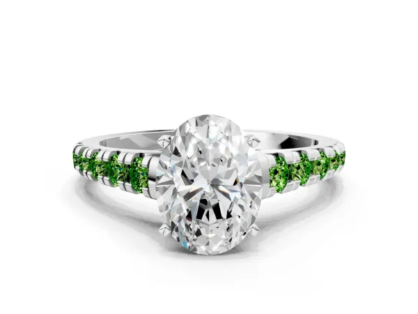 Oval Cut Diamond Cathedral Solitaire Ring with Round Peridot Pavé Band White gold