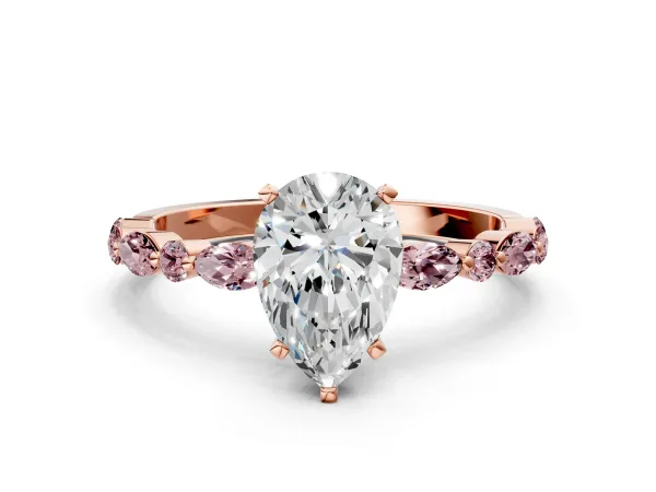 Pear Cut Diamond Ring with Marquise and Round Morganite Side Stones and Four-Prong Setting Rose gold