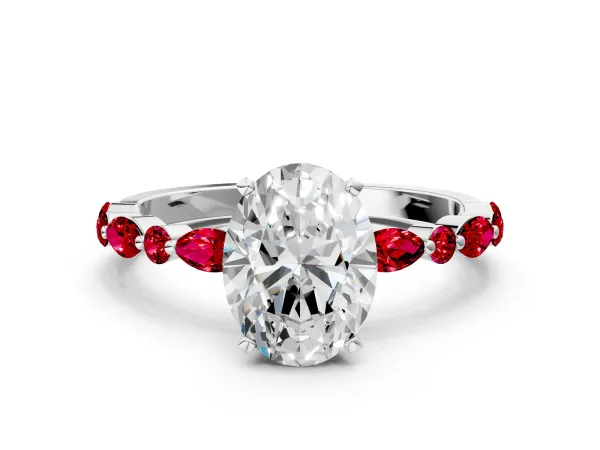 Oval Cut Diamond Ring with Marquise and Round Ruby Side Stones and Four-Prong Setting White gold