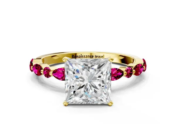 Princess Cut Diamond Ring with Marquise and Round Garnet Side Stones and Four-Prong Setting Yellow gold