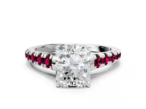 Radiant Cut Diamond Cathedral Solitaire Ring with Round Garnet Pavé Band Platinum