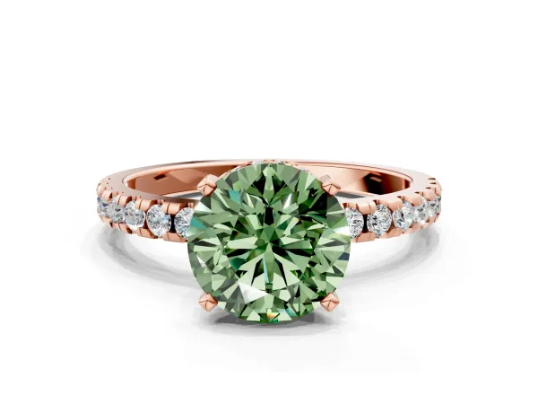 Fancy Green Round Cut Diamond Solitaire Ring with Round Pavé Band and Four-Prong Setting Rose gold