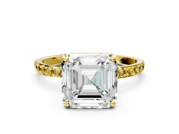 Asscher Cut Diamond Solitaire Ring with Round Yellow Sapphire Pavé Band and Prong Setting Yellow gold