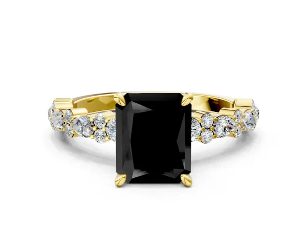 Fancy Black Radiant Cut Diamond Side Stone Solitaire Ring with Round and Four-Prong Setting Yellow gold