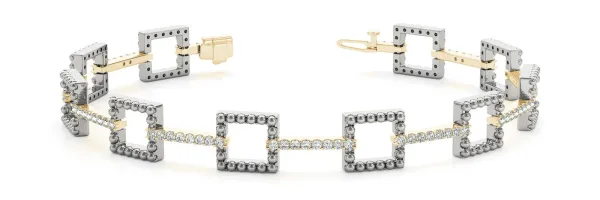 Beaded Square Link Bracelet with Round Cut Diamonds and Channel Setting Yellow gold
