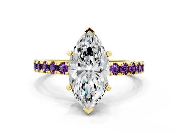 Marquise Cut Diamond Solitaire Ring with Round Amethyst Pavé Band and Four-Prong Setting Yellow gold
