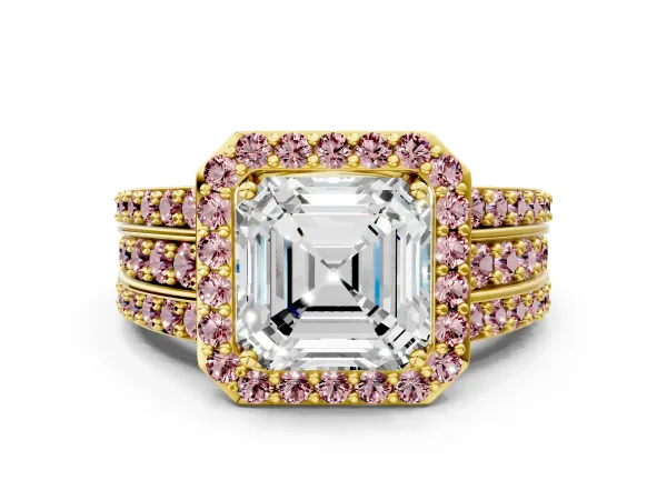 Asscher Cut Halo Diamond Ring with Round Morganite Split Shank and Prong Setting Yellow gold