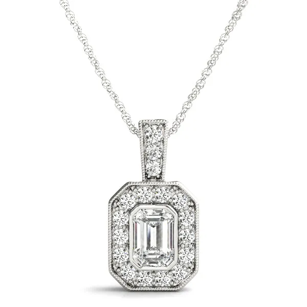 Emerald Cut Halo Pendant with Milgrain Detail Silver