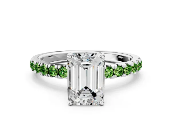Emerald Cut Diamond Pave Band Solitaire Ring with Round Peridot and Prong Setting Platinum