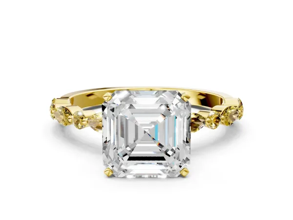 Asscher Cut Diamond Ring with Marquise and Round Yellow Sapphire Side Stones and Four-Prong Setting Yellow gold