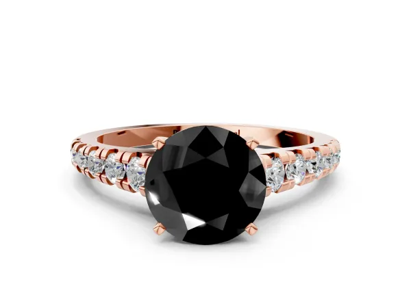 Fancy Black Round Cut Diamond Cathedral Solitaire Ring with Round Pavé Band Rose gold