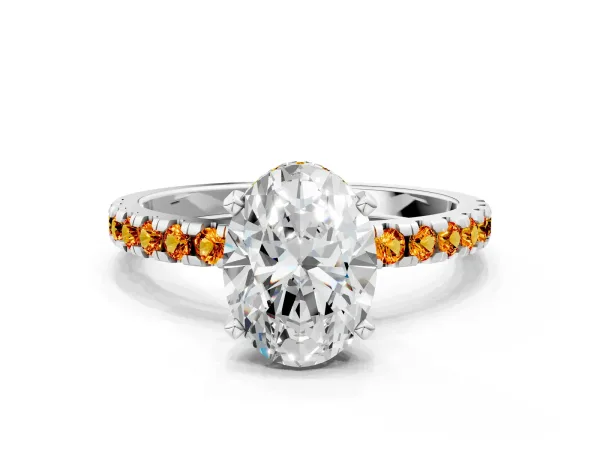 Oval Cut Diamond Solitaire Ring with Round Citrine Pavé Band and Four-Prong Setting Silver