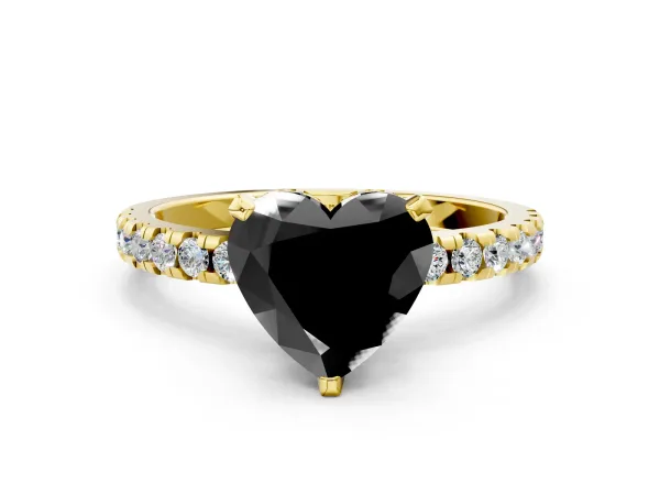 Fancy Black Heart Cut Diamond Solitaire Ring with Round Pavé Band and Four-Prong Setting Yellow gold