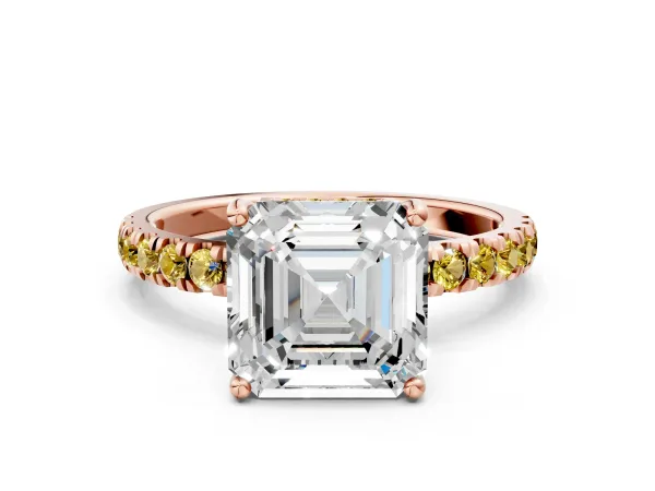 Asscher Cut Diamond Pave Band Solitaire Ring with Round Yellow Sapphire and Prong Setting Rose gold
