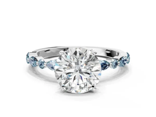 Round Cut Diamond Ring with Marquise and Round Aquamarine Side Stones and Four-Prong Setting White gold
