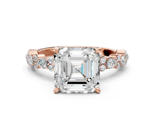 Asscher Cut Diamond Side Stone Solitaire Ring with Round Moissanite and Four-Prong Setting Rose gold