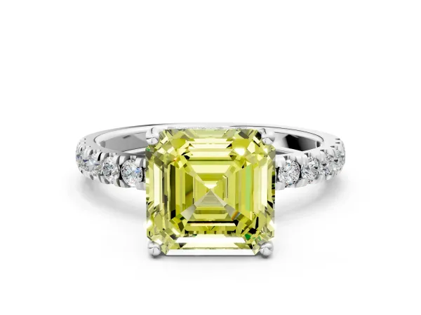Fancy Yellow Asscher Cut Diamond Pave Band Solitaire Ring with Round and Prong Setting White gold