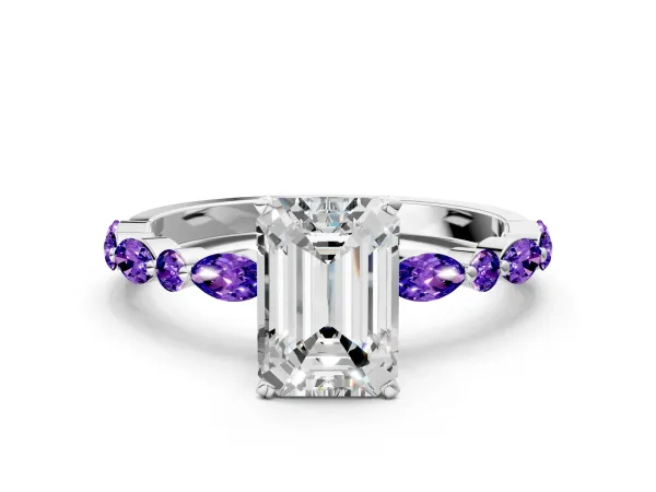 Emerald Cut Diamond Ring with Marquise and Round Tanzanite Side Stones and Four-Prong Setting White gold