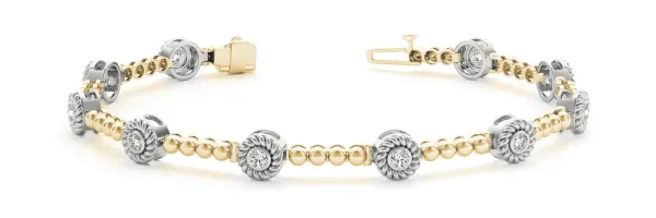 Round Bezel Set Diamond Tennis Bracelet with Beaded Band Yellow gold