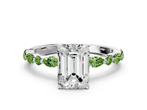 Emerald Cut Diamond Ring with Marquise and Round Peridot Side Stones and Four-Prong Setting White gold