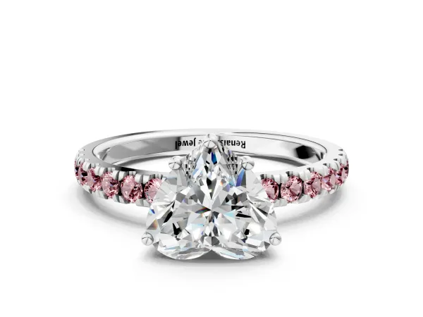 Heart Cut Diamond Pave Band Solitaire Ring with Round Morganite and Prong Setting Platinum
