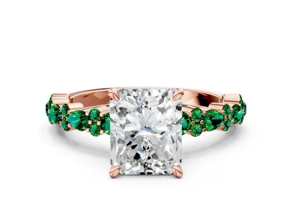 Radiant Cut Diamond Side Stone Solitaire Ring with Round Emerald and Four-Prong Setting Rose gold