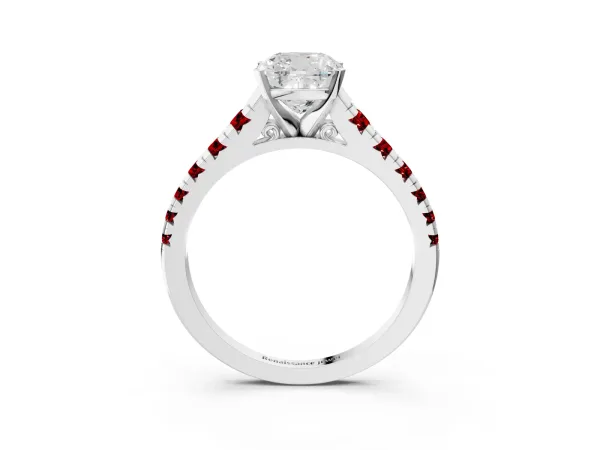 Cushion Cut Diamond Cathedral Solitaire Ring with Round Ruby Pavé Band White gold