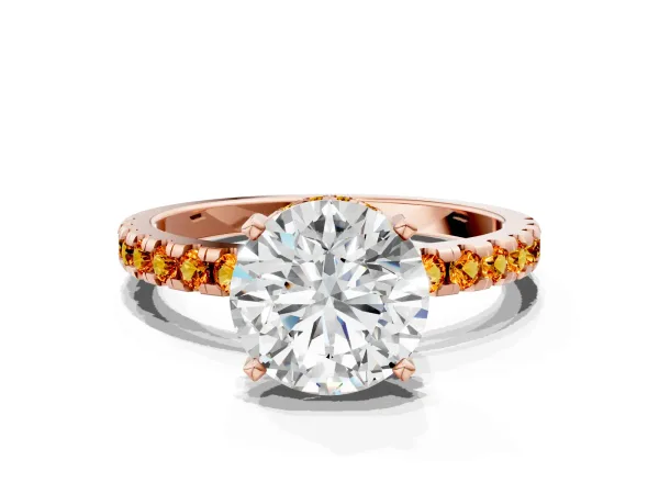 Round Cut Diamond Solitaire Ring with Round Citrine Pavé Band and Four-Prong Setting Rose gold