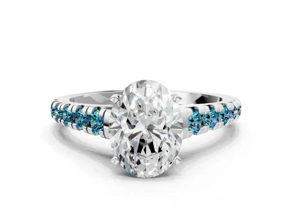 Oval Cut Diamond Cathedral Solitaire Ring with Round Blue Topaz Pavé Band White gold