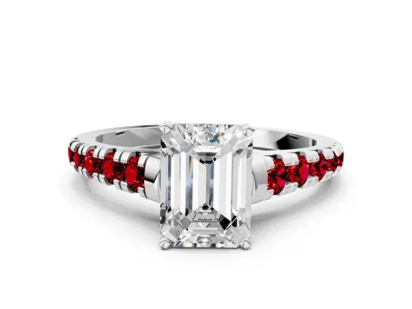 Emerald Cut Diamond Cathedral Solitaire Ring with Round Ruby Pavé Band White gold
