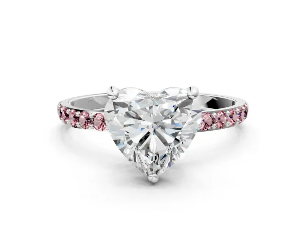 Heart Cut Diamond Solitaire Ring with Round Morganite Pavé Band and Prong Setting White gold