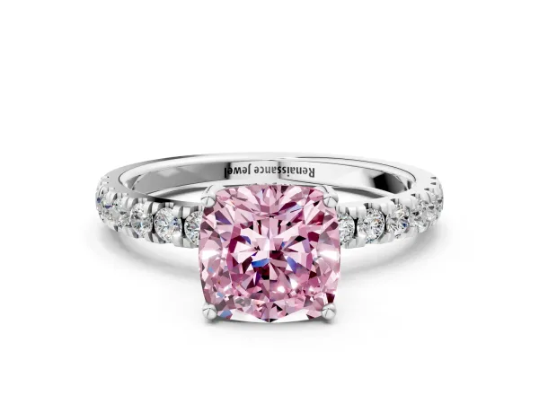 Fancy Pink Cushion Cut Diamond Pave Band Solitaire Ring with Round and Prong Setting Platinum