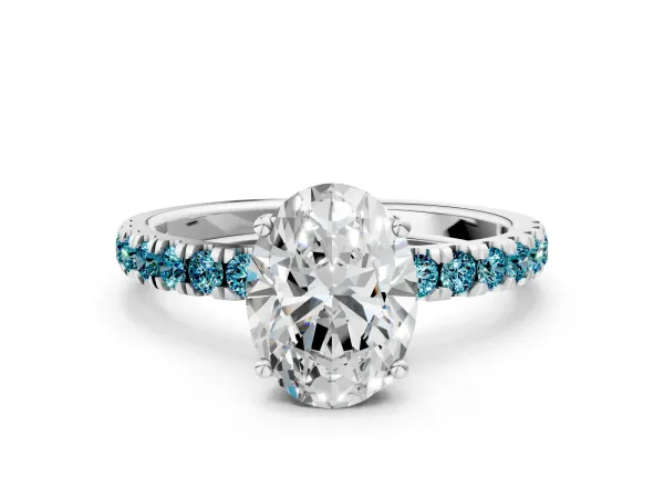Oval Cut Diamond Pave Band Solitaire Ring with Round Blue Topaz and Prong Setting Platinum