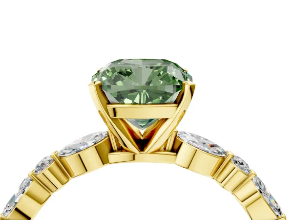 Fancy Green Cushion Cut Diamond Ring with Marquise and Round Side Stones and Four-Prong Setting Yellow gold