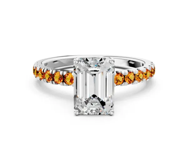 Emerald Cut Diamond Pave Band Solitaire Ring with Round Citrine and Prong Setting Platinum