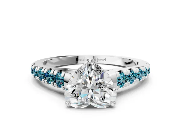 Heart Cut Diamond Cathedral Solitaire Ring with Round Blue Topaz Pavé Band Platinum