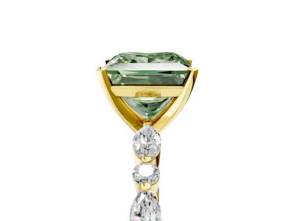 Fancy Green Princess Cut Diamond Ring with Marquise and Round Side Stones and Four-Prong Setting Yellow gold