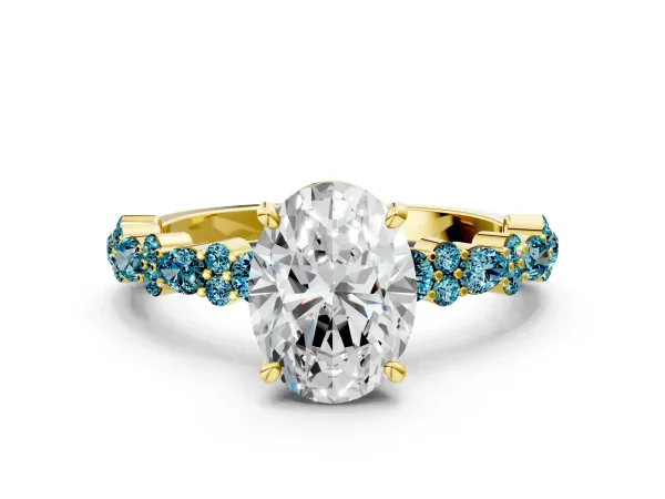 Oval Cut Diamond Side Stone Solitaire Ring with Round Blue Topaz and Four-Prong Setting Yellow gold