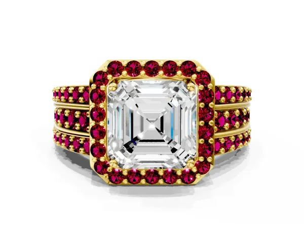 Asscher Cut Halo Diamond Ring with Round Garnet Split Shank and Prong Setting Yellow gold