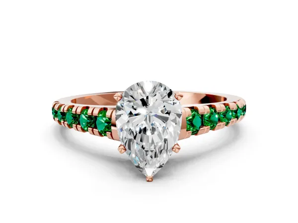 Pear Cut Diamond Cathedral Solitaire Ring with Round Emerald Pavé Band Rose gold