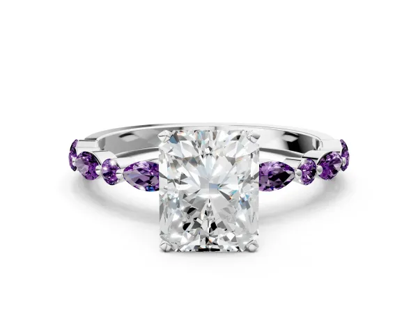 Radiant Cut Diamond Ring with Marquise and Round Amethyst Side Stones and Four-Prong Setting Platinum