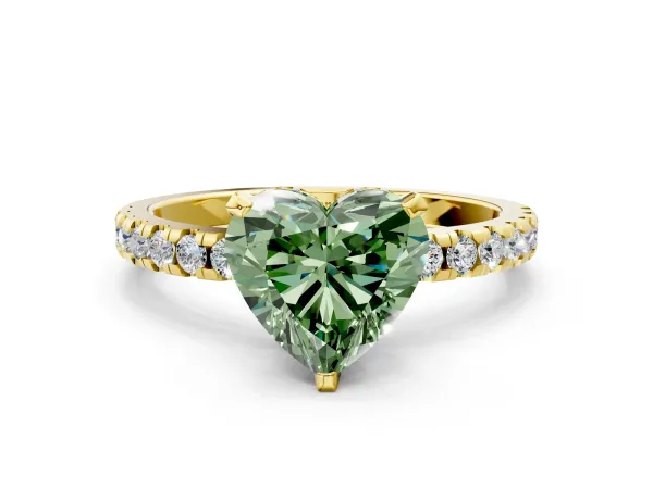 Fancy Green Heart Cut Diamond Solitaire Ring with Round Pavé Band and Four-Prong Setting Yellow gold