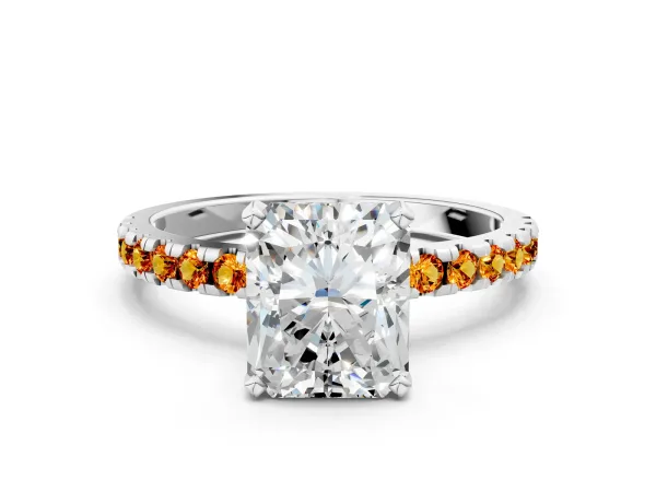 Radiant Cut Diamond Solitaire Ring with Round Citrine Pavé Band and Four-Prong Setting Silver