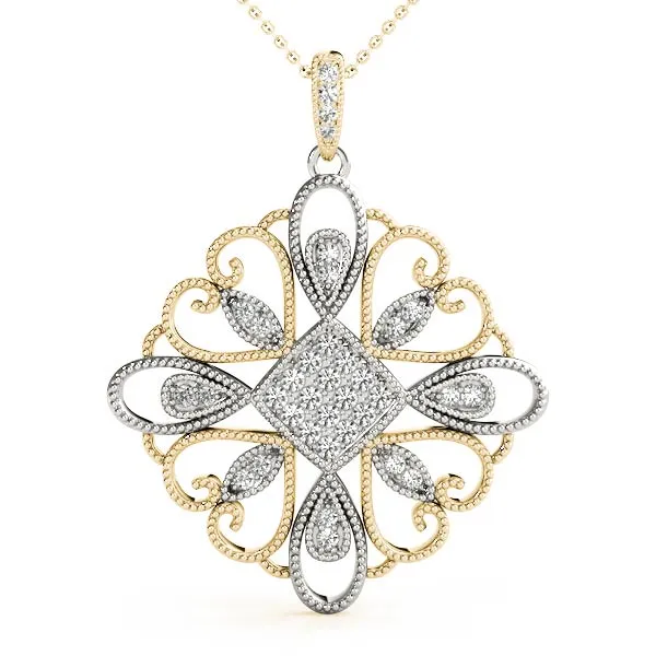 Pavé Round Diamond Filigree Pendant with Milgrain Detail Yellow gold